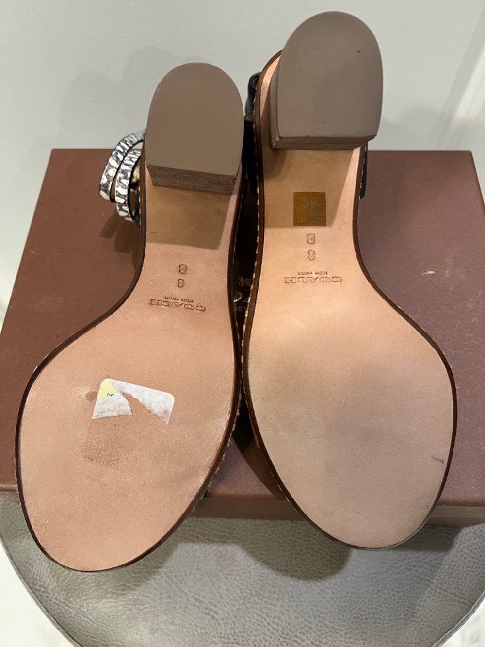 Coach Two-Tone Leather Ankle-Strap Heels in Black and Tan with Patterned Buckle - Picture 4 of 5